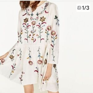 ZARA Mulberry Silk Embroidered Floral High-low Long Sleeve Mini Dress Size L